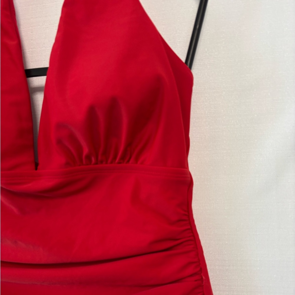 TOMMY HILFIGER Red Ruched Halter One-Piece Swimsuit Size 6 - Picture 3 of 6